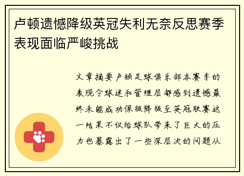 卢顿遗憾降级英冠失利无奈反思赛季表现面临严峻挑战